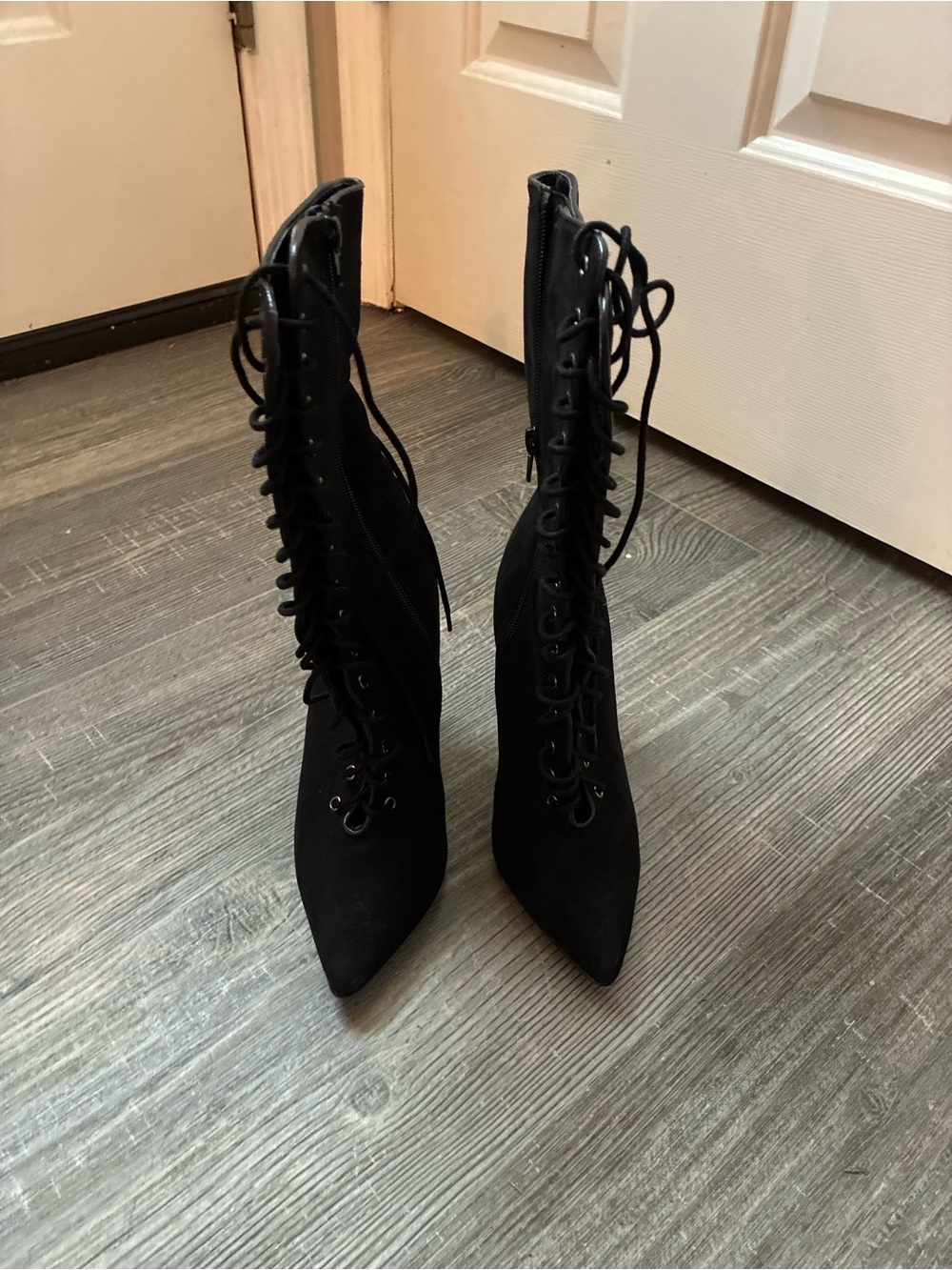 Black Lace-Up Pointed Toe Stiletto Ankle Boots | Size 6.5 | Side Zip